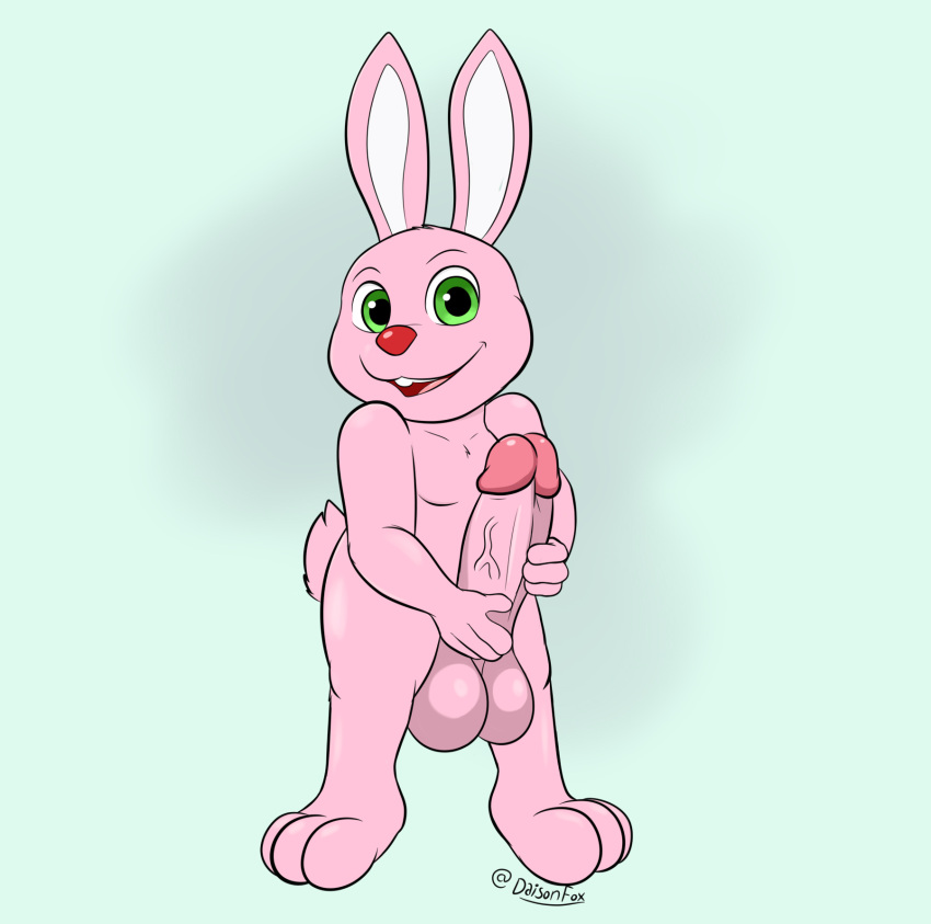 anthro balls big_penis daison_the_fox duracell_bunny genitals green_eyes hi_res holding_penis huge_cock lagomorph leporid looking_at_viewer male mammal nude penis pink_body pink_penis rabbit simple_background solo vein veiny_penis