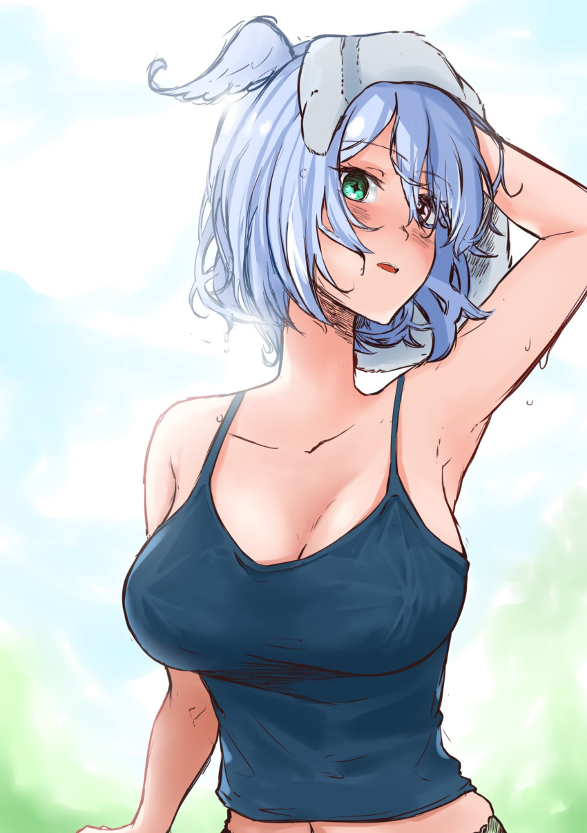 1girls arm_above_head arm_up armpit armpits bare_shoulders big_breasts blue_hair blush breasts cleavage elira_pendora exposed_shoulders female female_only hair_over_one_eye hair_wings hand_on_head head_wings heterochromia human human_only large_breasts long_neck nijisanji nijisanji_en one_arm_above_head one_arm_up short_hair solo solo_female solo_focus sweat sweating sweaty towel_on_head upper_body virtual_youtuber yarashi_thought