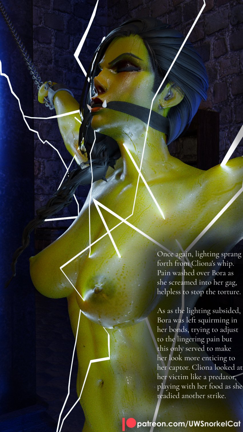 3d abs bondage bora_ugrum breasts chained chained_up chained_wrists chains dungeon electricity electrocution electrostimulation enduring_face female gag gagged green_skin monster_girl muscular muscular_female orc orc_female orc_girl pain resisting restrained story story_at_source sweat text torture torture_chamber uwsnorkelcat