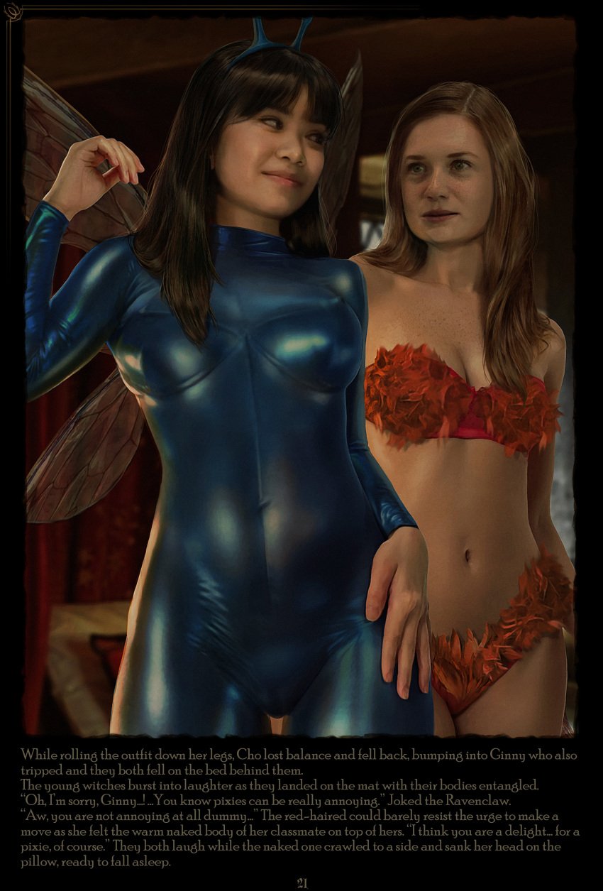 2girls antennae asian asian_female big_breasts black_hair blue_eyes bonnie_wright bra breasts brown_eyes catsuit cho_chang cleavage clothing comic comic_page english_text female female_only ginny_weasley harry_potter highres katie_leung latex light-skinned_female light_skin long_hair medium_breasts multiple_girls navel ninjartist nipples_visible_through_clothing page_21 panties realistic red_hair smile stockings text tight_clothing wings