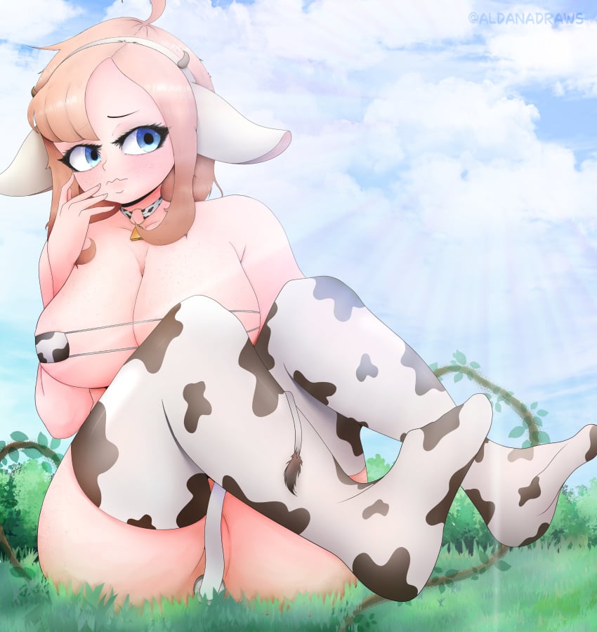 1girls 2022 absurd_res aldanadraws big_breasts blonde_hair blue_eyes buttplug buttplug_in_ass choker convenient_censoring cow_ears cow_horns cow_print cow_print_bikini cow_print_thighhighs cow_tail female female_only horns_hairband long_hair looking_at_viewer o-ring o-ring_choker outdoors rita_(colo) side-tie_bikini sitting sitting_on_ground solo sweet_hex tail tail_plug thighhighs wavy_mouth