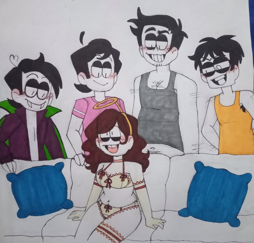 1girls bob_velseb carmen_(spooky_month) couch couch_sitting dexter_(spooky_month) dexter_the_exterminator_(spooky_month) female female/male kevin_(spooky_month) male male/female male_behind_female meme multiple_boys piper_perri_surrounded spooky_month streber_(spooky_month)