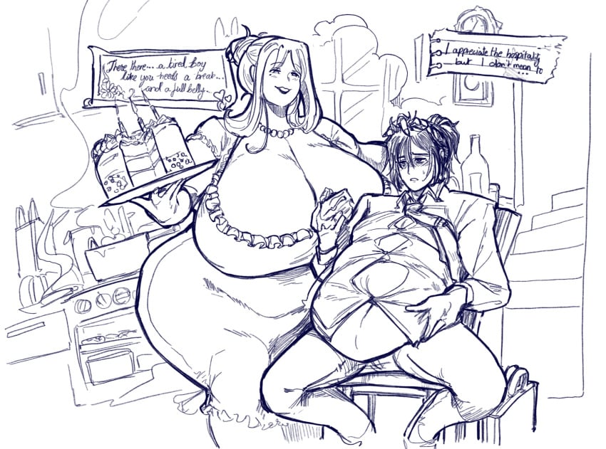 1boy arthur_verdin bags_under_eyes caressing_head feeding futanari huge_stomach lala_halal large_belly large_dom_small_sub madame_lorena madame_lorena male mommy_kink necktie overweight salaryman shirt thick_thighs white_shirt wide_hips