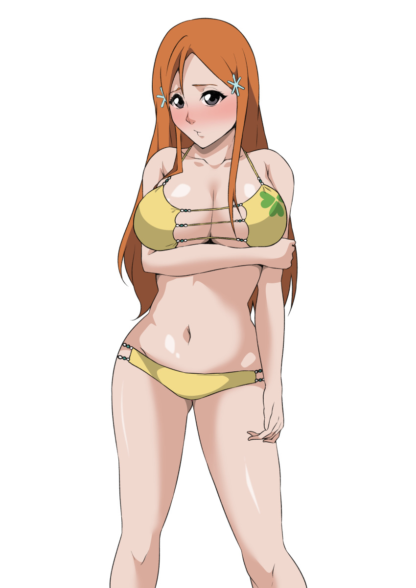 absurdres bikini black_eyes bleach blush breast_hold breasts cleavage closed_mouth embarrassed feet_out_of_frame female female_focus groin hand_on_own_arm highres inoue_orihime large_breasts legs legs_apart long_hair looking_at_viewer monyamonya78 navel orange_hair simple_background solo standing swimsuit thighs white_background