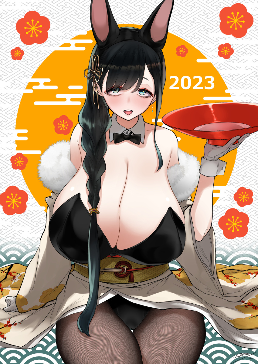 1girls 2023 absurdres alcohol animal_ears anime_nose arm_support bakunyuu bare_shoulders big_forehead black_bow black_bowtie black_bunny_ears black_hair black_hair_female black_leotard black_pantyhose blue_eyes blue_eyes_female blush blushing_at_viewer bow bowl bowtie breast_squish breasts breasts_together brown_pantyhose bursting_breasts cameltoe chestnut_mouth cleavage cleft_of_venus cup deep_cleavage detached_collar detached_cuffs earrings egasumi enormous_breasts eyeliner eyeshadow fake_animal_ears fake_bunny_ears fake_rabbit_ears female_focus flower_pattern full_cleavage fur-trimmed_kimono fur_trim gloves green_eyes hair_ornament half-closed_eyes hanging_breasts hi_res high_resolution highres holding_bowl holding_cup huge_breasts huge_cleavage japanese_clothes jewelry kimono kojitsunagi_(pattern) leotard leotard_under_clothes long_black_hair long_breasts long_cleavage long_ears long_hair_female looking_at_viewer makeup mascara massive_breasts mature_female mellow_eyes mouth_open neckwear new_year new_year_2023 off_shoulder open_mouth original pantyhose pattern_background platter playboy_bunny playboy_bunny_leotard rabbit_ears red_eyeshadow ricochet-gou rikosyegosub sakazuki sake seigaiha short_gloves side_ponytail sitting smile smiling_at_viewer soft_breasts solo solo_female strapless strapless_leotard subtle_pussy tareme thigh_gap top_heavy_breasts upskirt velvet_gloves voluptuous voluptuous_female waitress white_breasts white_fur white_gloves white_wrist_cuffs wide_sleeves wrist_cuffs year_of_the_rabbit