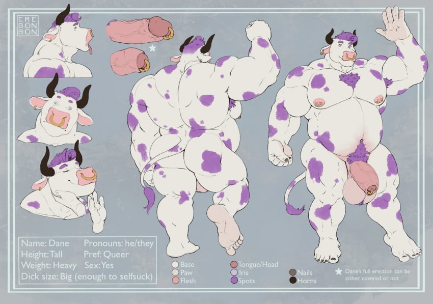 anthro balls big_balls bovid bovine cattle dane_(character) ear_piercing erebonbon facial_piercing foreskin genital_piercing genitals hi_res humanoid_genitalia humanoid_penis male mammal model_sheet nipple_piercing nipples nose_piercing penis penis_piercing piercing