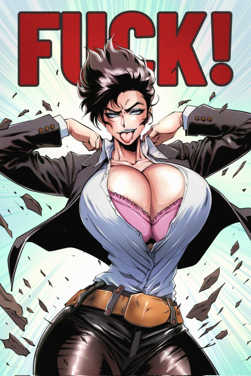 1girls balak big_breasts black_hair blue_eyes blue_lipstick bra breasts dark_hair female female_only gigantic_breasts horny_female huge_breasts large_breasts open_shirt profanity solo text thick_thighs wide_hips yves_bigerel