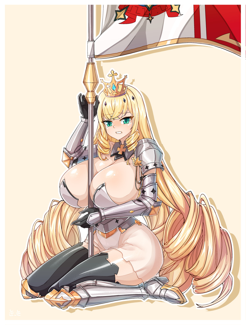 1girls bikini_armor blonde_hair cleavage crown curvy defeated epic7 female female_knight female_only flag green_eyes huge_breasts lidica_(epic7) long_hair looking_at_viewer medieval_armour noonnoon531 skimpy_clothes solo thick_thighs video_game_character