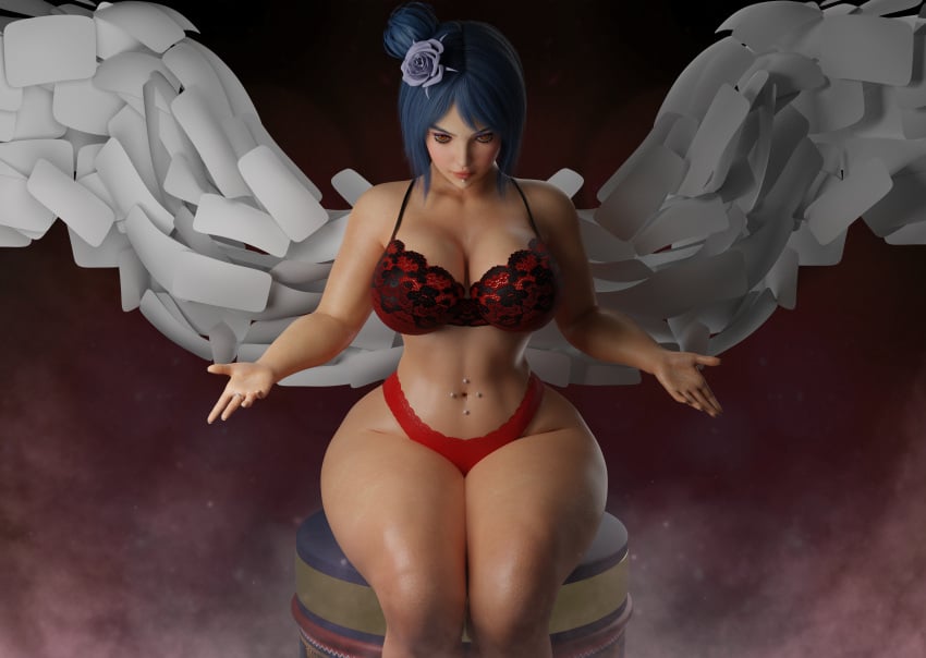 1girls 3d akatsuki_(naruto) amber_eyes angel_wings belly_piercing blue_hair bra cursedmadara fat_ass fat_thighs female female_only hourglass_figure huge_ass konan labret labret_piercing large_breasts lingerie long_hair looking_at_viewer mature mature_female midriff naruto naruto_(series) naruto_shippuden navel_piercing panties paper piercing red_panties sitting solo solo_focus underwear voluptuous wide_hips wings