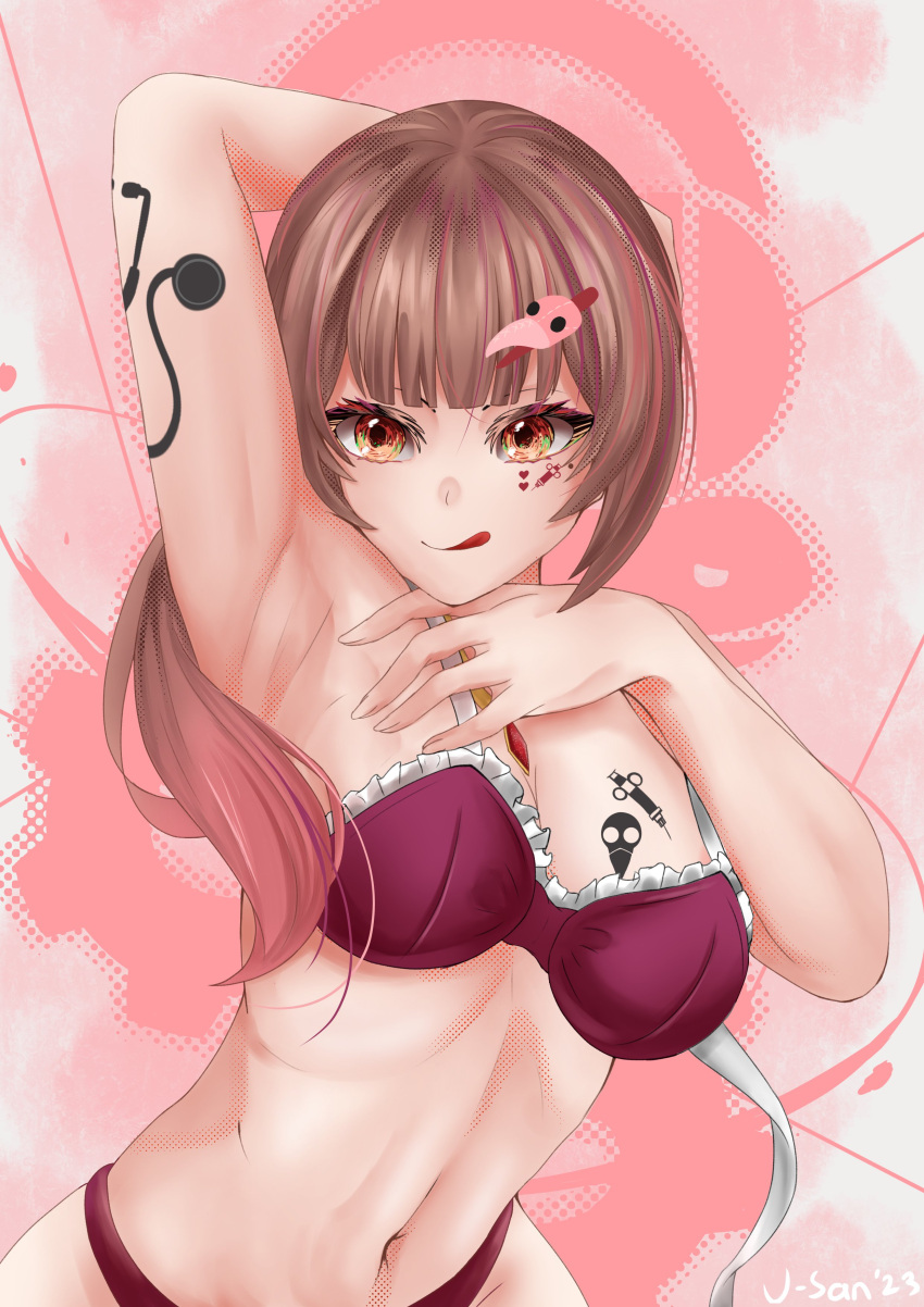 1girls :d arm_behind_head arm_up armpit bare_armpit bare_midriff belly_button big_breasts bra brown_hair cleavage gradient_eyes gradient_hair hairclip hi_res highres indie_virtual_youtuber kumaj-san midriff mole mole_under_eye navel necklace one_arm_behind_head one_arm_up pink_hair ponytail shioripon showing_armpit showing_off solo solo_female solo_focus tattoo tattoo_on_breast tattoo_on_face tattooed_arm tongue tongue_out underwear underwear_only virtual_youtuber