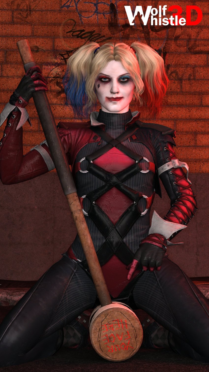 1girls 3d 3d_(artwork) alley batman_(series) blonde_hair boobs breasts clothed dc dc_comics dyed_hair female female_focus female_only fully_clothed gotham_knights hammer harley_quinn harley_quinn_(gotham_knights) light-skinned_female light_skin looking_at_viewer mallet pointing sexually_suggestive smirk solo tits wolfwhistle3d