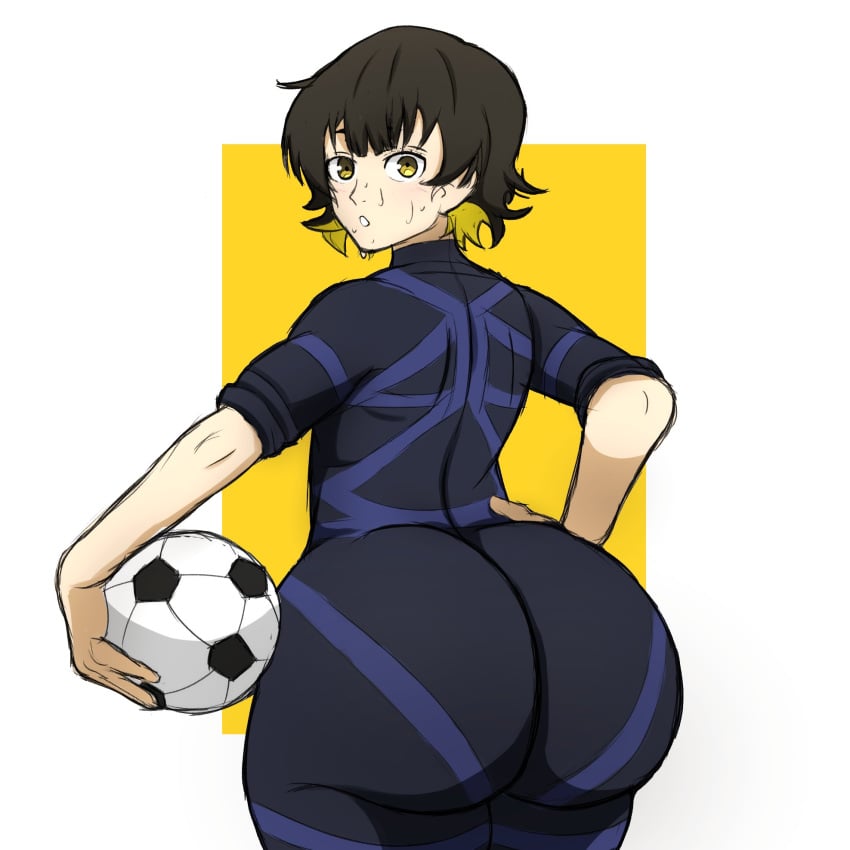 1boy ass bachira_meguru big_ass big_ass_(male) blue_lock bodysuit eye_contact femboy football_(ball) hand_on_hip huge_ass looking_at_viewer looking_back male male_focus male_only metalsplinter short_hair skin_tight solo standing sweat sweatdrop two_tone_hair