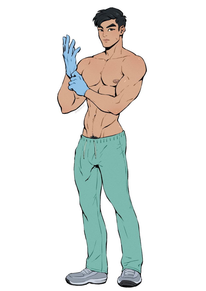 bulge dilftown doctor east_asian east_asian_male flaccid kit_hung looking_at_viewer male male_only manly muscles muscular muscular_male schizoid scrubs shirtless_male solo solo_male standing twitter_user_oc