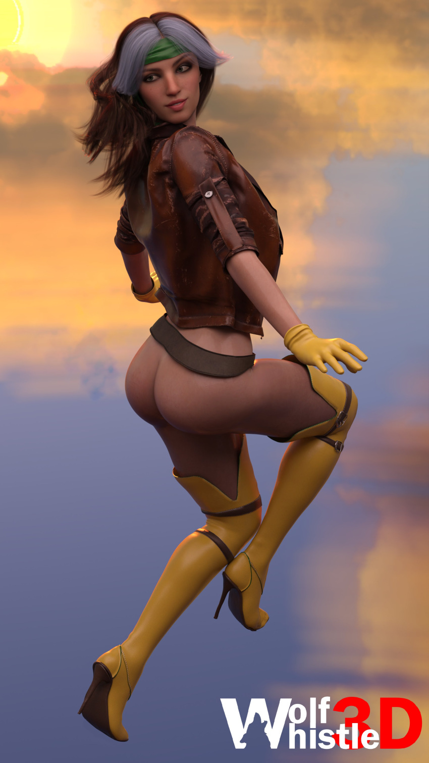 1girls 3d 3d_(artwork) anna_marie ass clouds female female_only flying gloves headband leather_jacket long_boots marvel marvel_comics partially_clothed rogue_(x-men) solo wolfwhistle3d x-men