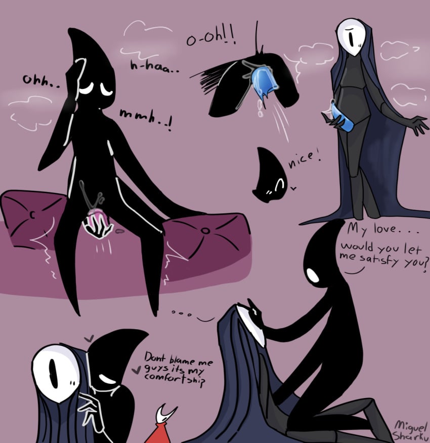 black_body black_eye blue_cloak blue_penis cloak collector_(hollow_knight) cum cum_inside hollow_knight lurien mask miguelsharku on_top_of_another one_eye pillows pink_background pink_pillow simple_background void_creature white_eyes white_mask