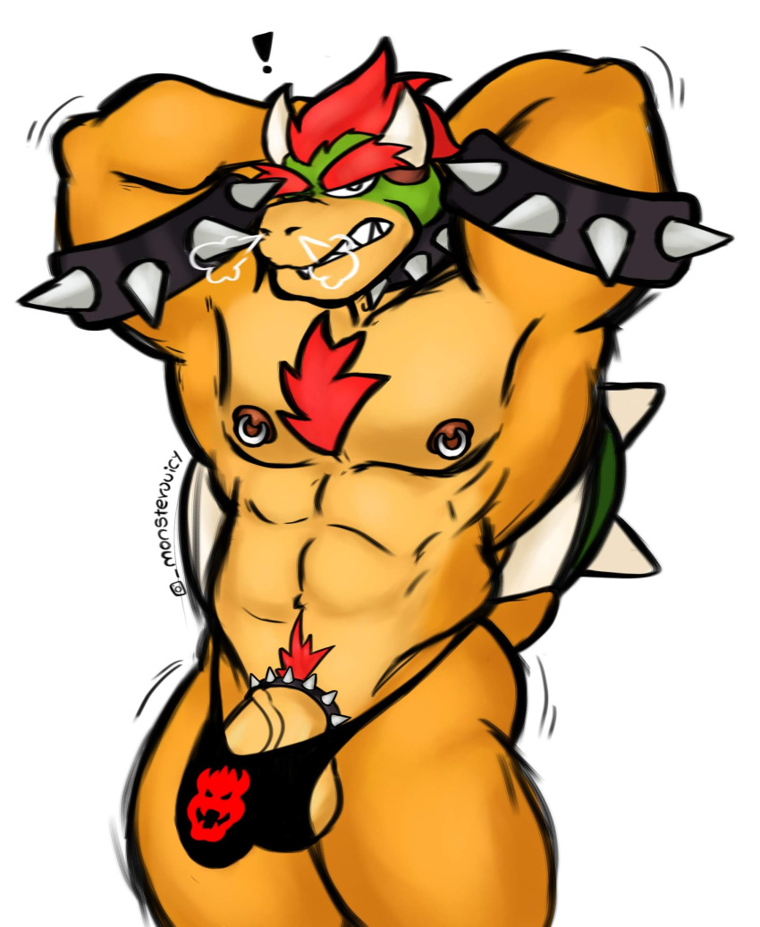 1boy abs anthro balls ballsack beefy bowser chest_tuft cock_ring dick_root erection furry green_head horns male male_nipples male_only male_pubic_hair male_thong mario_(series) monsterjuicy muscles muscular_male nipple_piercing nipple_rings pecs penis red_hair scrotum smooth_skinned_male testicles toony veiny_penis