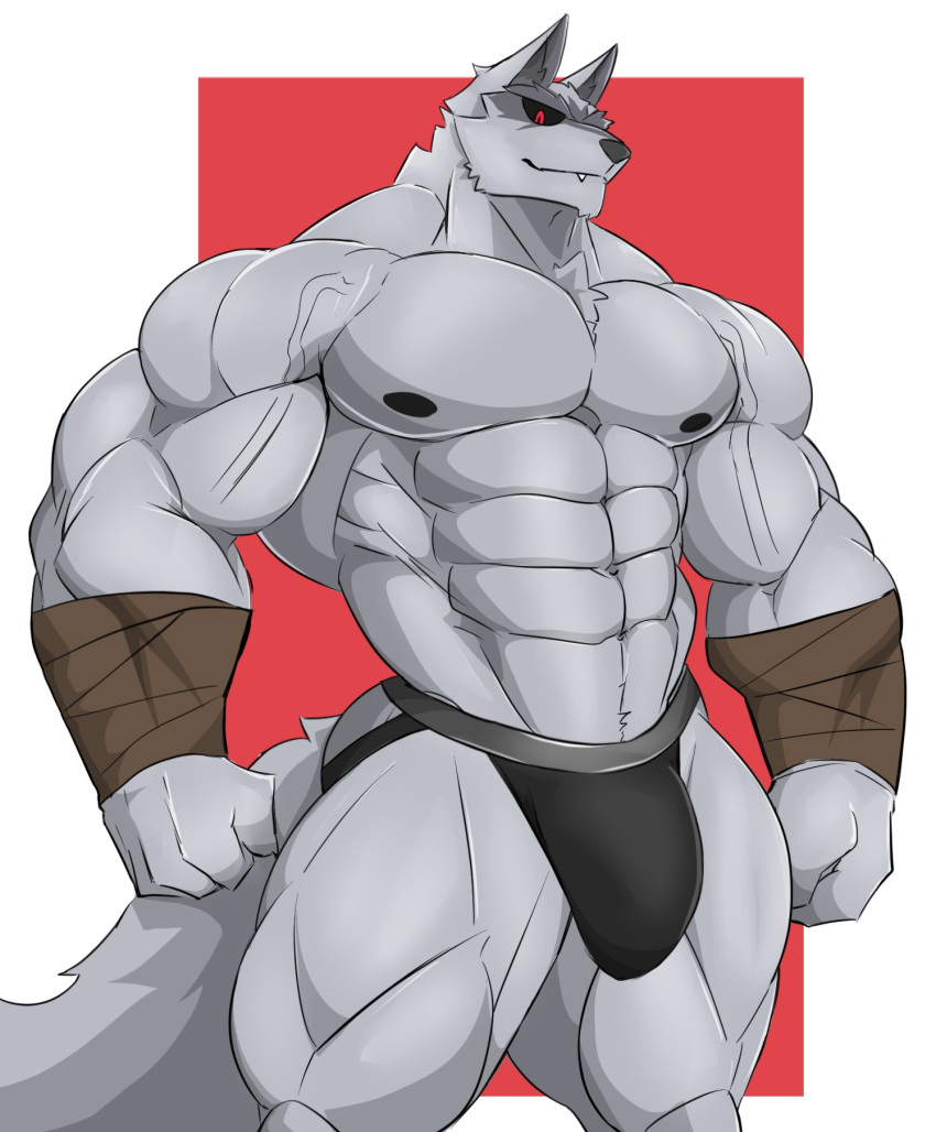 2023 abs anatake anthro arm_wraps biceps biped black_cloak black_nipples black_nose black_sclera bulge canid canine canis claws clothing death_(puss_in_boots) dreamworks fingers fire fur grey_body grey_fur hi_res looking_at_viewer male male_only mammal mostly_nude muscular nipples pecs puss_in_boots:_the_last_wish puss_in_boots_(film) puss_in_boots_(franchise) red_eyes sharp_teeth shrek_(series) simple_background smile smiling_at_viewer solo teeth thong underwear universal_pictures universal_studios vein veiny_muscles wolf wraps