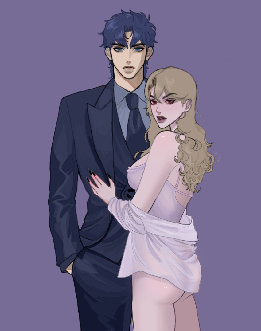 1boy 1girls ass bangs black_nails blonde_hair blue_eyes blue_hair breasts couple dio_brando female female_dio formal hand_in_pocket humanoid jojo's_bizarre_adventure large_breasts light-skinned_female light_skin lips long_hair long_sleeves looking_at_viewer male necktie pants phantom_blood red_eyes red_lips rule_63 short_hair simple_background spaghetti_strap standing straight vampire villainess