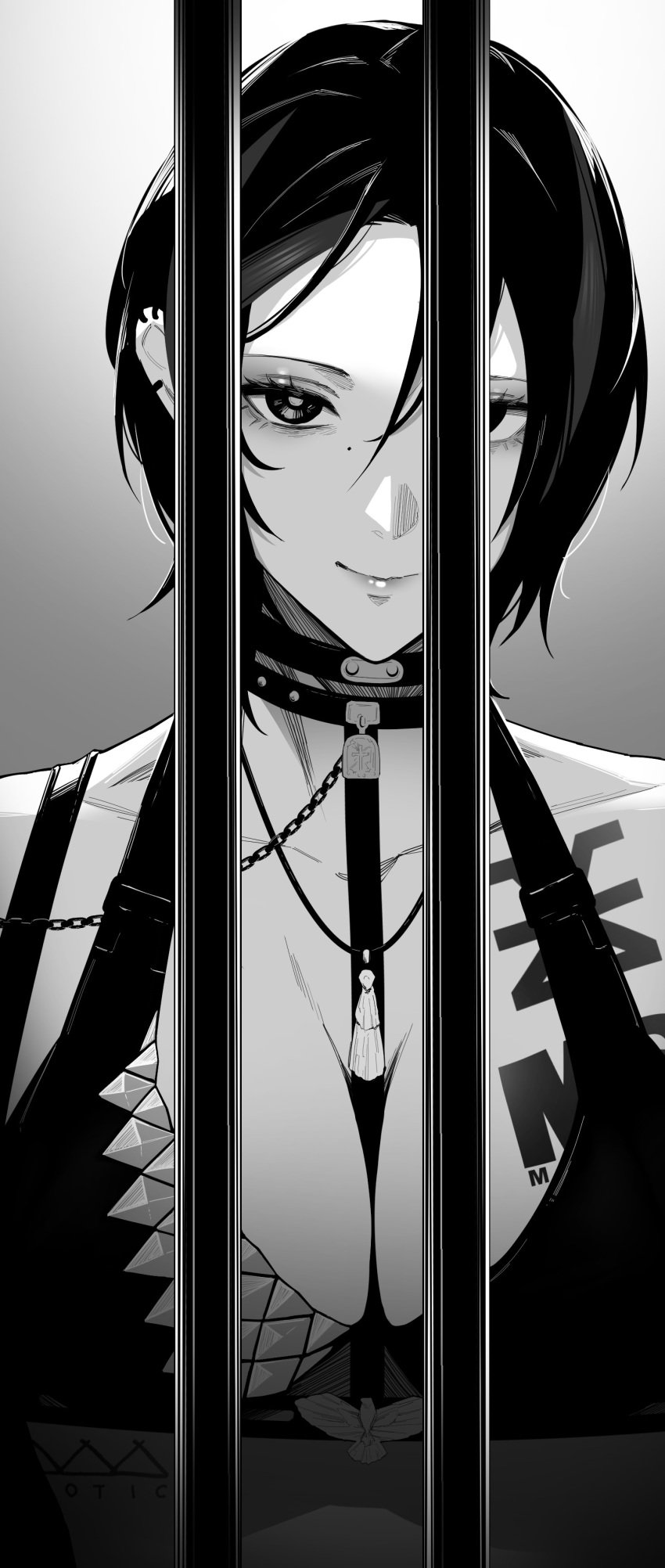 1girls absurdres black_bra black_hair bra breast_tattoo breasts chain chain_leash chains chest_tattoo cleavage collar commentary_request crow_(nikke) ear_piercing earrings female female_only furo_atsushi goddess_of_victory:_nikke greyscale highres homomomomon iron_bars jewelry large_breasts leash light_smile looking_at_viewer monochrome piercing prison_bars short_hair shoulder_tattoo smile solo tattoo underwear