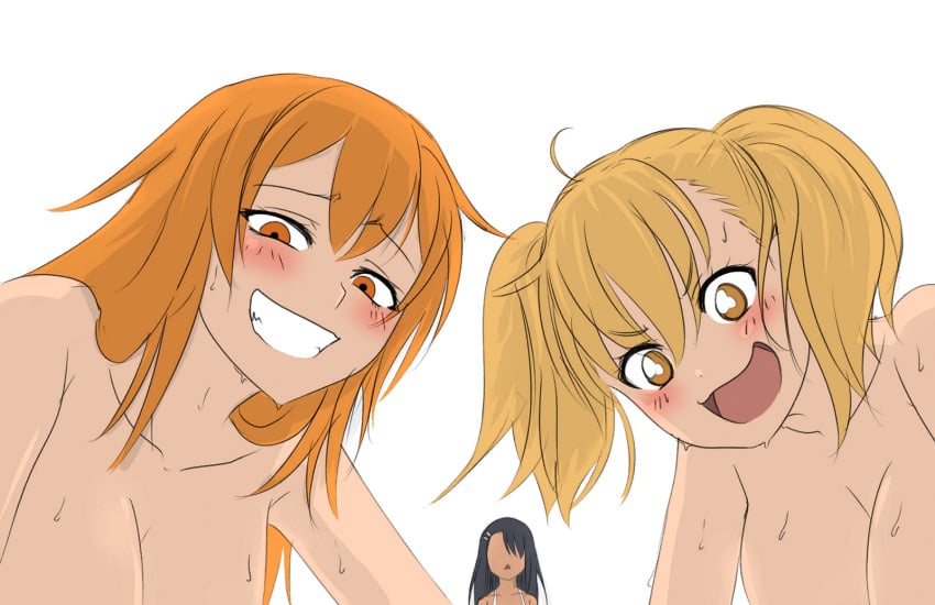 2d 3girls alternate_version_available big_breasts bikini black_hair blonde_hair blush breasts brown_eyes cleavage color female_focus female_only gamo-chan grinding hairpin hayase_nagatoro hi_res long_hair looking_at_viewer medium_hair naked nude open_mouth orange_eyes orange_hair pigtails please_don't_bully_me,_nagatoro rape_face simple_background sweat tan_body viperxtr white_background yellow_hair yoshi_(nagatoro)