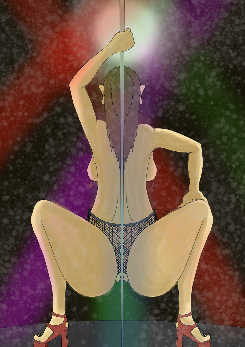 back_view brown_hair club fishnet_legwear squatting striper stripper_pole