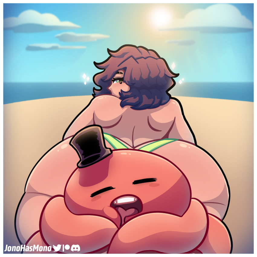 arched_back ass ass_focus back back_view bare_back bare_legs bare_shoulders beach big_ass covering curly_hair curvy curvy_figure cute emerald_(jonohasmono) female goth goth_girl harold_(jonohasmono) jonohasmono monster short_hair sleeping tentacle tentacle_monster thick_ass thick_thighs thighs tophat topless voluptuous