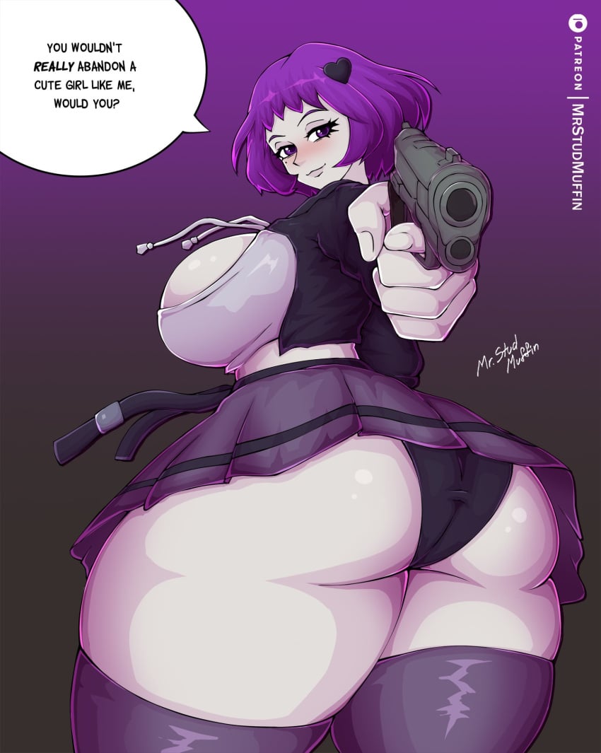 1girls ass back_view big_ass big_breasts breasts bubble_ass bubble_butt female_only gun huge_ass huge_butt mrstudmuffin neon_violet neon_white pointing_gun_at_viewer thick_ass thick_thighs