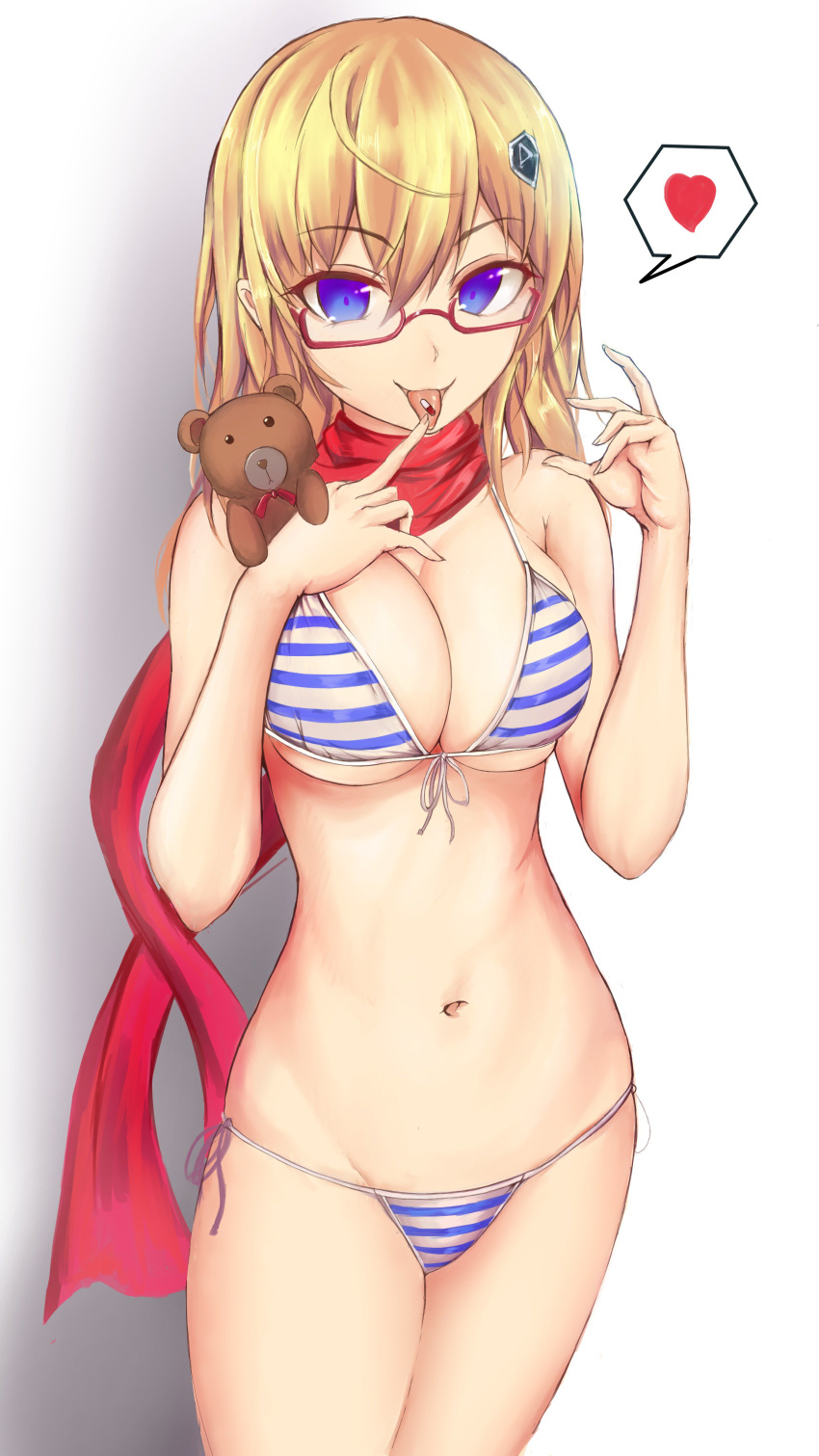 1girls as_val_(girls'_frontline) bad_id blonde_hair blue_eyes breasts franz_(217franz) girls'_frontline heart highres medium_hair pill red-framed_glasses scarf semi-rimless_eyewear side-tie_bikini striped_bikini striped_swimsuit teddy_bear tongue tongue_out