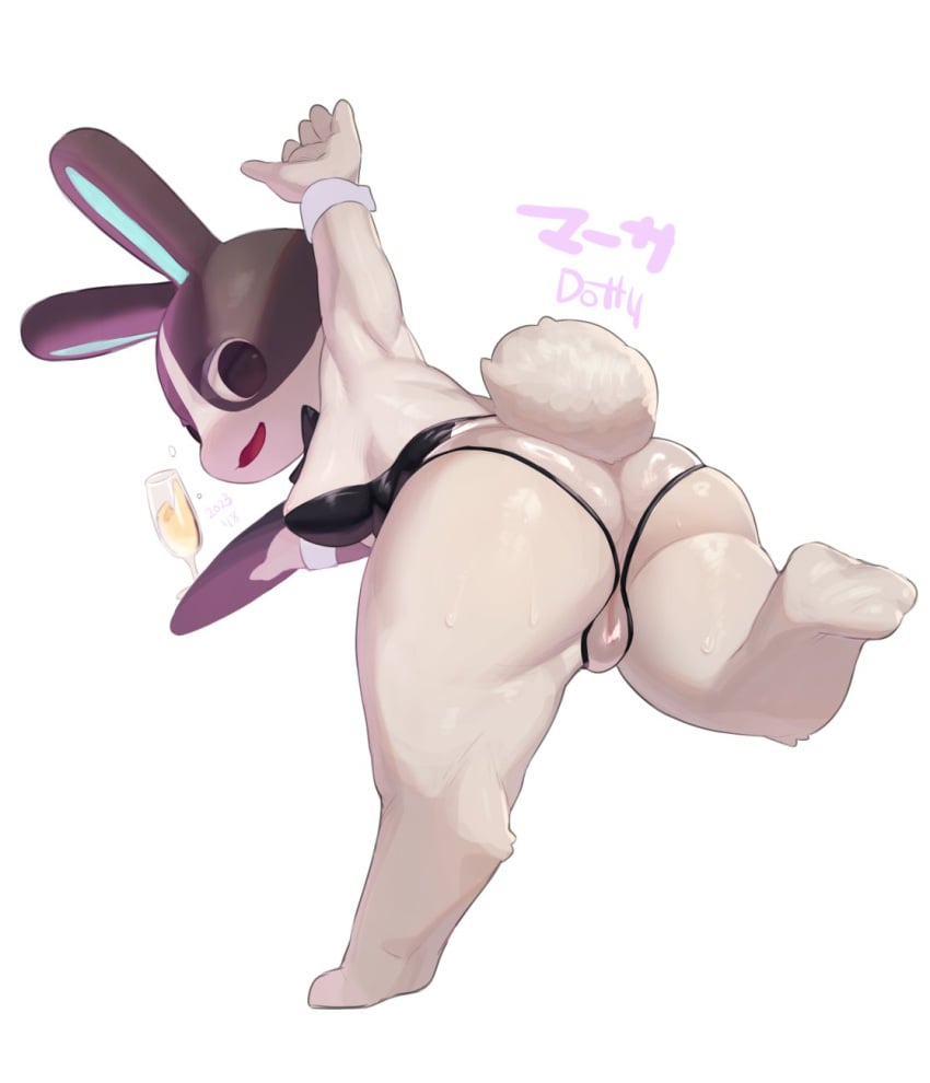 animal_crossing ass beverage big_ass breasts dotty_(animal_crossing) female fur japanese_text morocco21 morokko nintendo pussy rabbit text thick_thighs video_games wide_hips