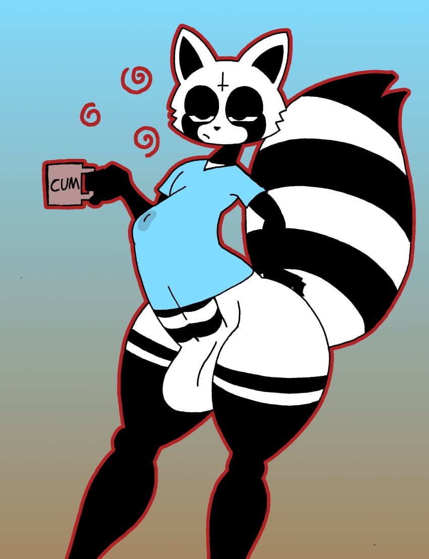 absurd_res anthro big_penis black_body bottomless clothed clothing erection erection_under_clothing genitals girly half-closed_eyes hi_res male male_focus male_only mammal mug multicolored_body narrowed_eyes penis procyonid raccoon rex_raccoon_(rexon02) rexon02 small_waist solo solo_male thick_thighs tired_eyes two_tone_body white_body wide_hips