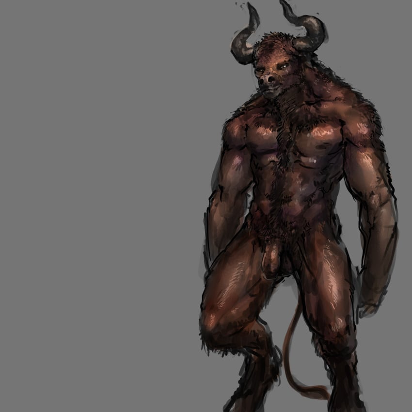 anthro bovid bovine brown_body brown_fur european_mythology flaccid foreskin fur genitals greek_mythology hi_res horn humanoid_genitalia humanoid_penis male mammal meandraco minotaur muscular muscular_male mythology nipples nude penis simple_background solo standing tail