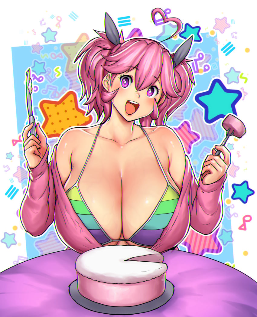 1girls absurdres ahoge antenna_hair armpits bakunyuu bangs bare_shoulders big_breasts bikini bikini_top bikini_top_only body_outline borrowed_character breasts cake clavicle cleavage collarbone colorful colorful_background deep_cleavage eating eating_cake eating_food erkaz erkaz_(artist) erkazooya errorkazoo eyebrows_visible_through_hair female female_knight food fork hair_between_eyes hands_up happy heart heart_ahoge high_resolution highres holding_fork holding_knife huge_breasts huge_cleavage knife large_breasts light-skinned_female light_skin long_cleavage long_sleeves looking_at_viewer momi_(meshmezz) mouth_open open_clothes open_mouth original original_character outline pink_cake pink_clothing pink_hair pink_hair_female pink_twintails purple_eyes purple_eyes_female purple_shirt rainbow rainbow_bikini rainbow_bra rainbow_swimsuit rainbow_topwear round_eyes shiny_breasts short_twintails sitting sleeves_past_wrists solo solo_female star_(symbol) star_background swimsuit_top table thin_neck twintails upper_body veins veiny_breasts white_outline