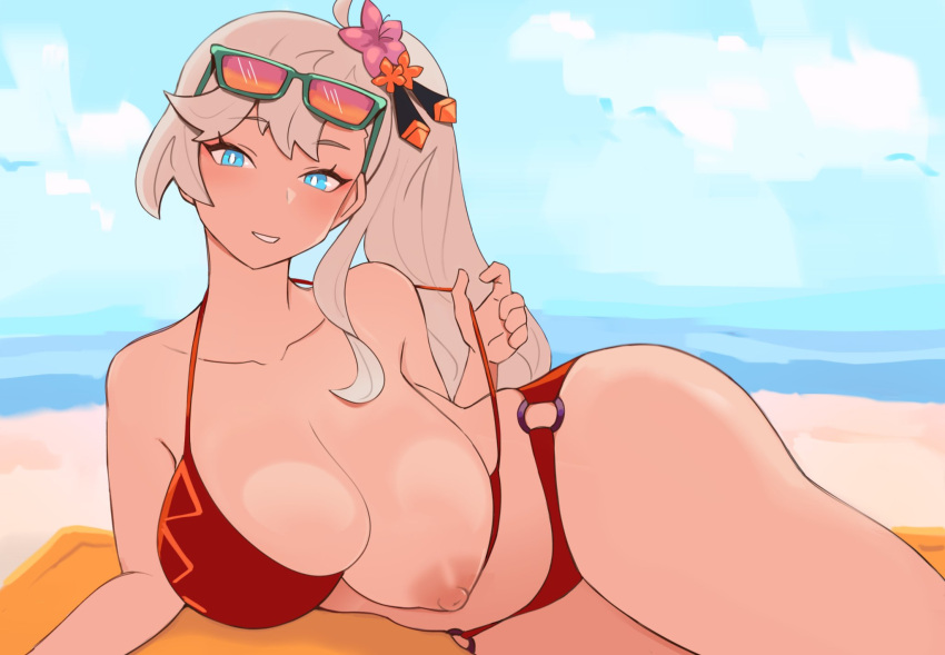 beach bikini blue_eyes breast_slip breasts cygames dragalia_lost ilia_(dragalia_lost) nintendo nuxoce white_hair