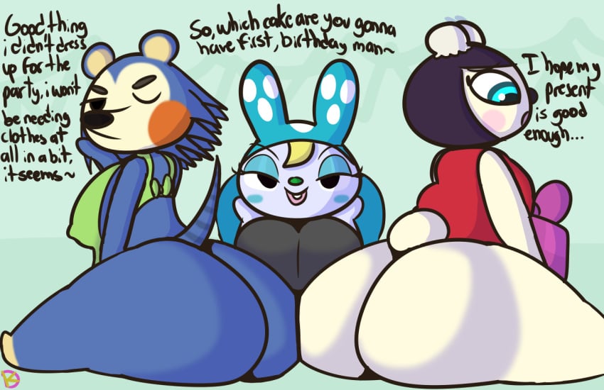 animal_crossing ass_focus bubble_butt female female_only francine_(animal_crossing) klutzatdusk looking_at_viewer mabel_able nintendo normal_villager pekoe_(animal_crossing) presenting_hindquarters seductive sitting snooty_villager