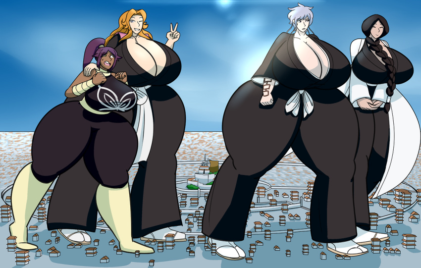 anime bleach breast_expansion butt_expansion city giantess giantess_growth growth huge_breasts huge_butt kotetsu_isane matsumoto_rangiku prime_bewbs unohana_retsu yoruichi_shihouin