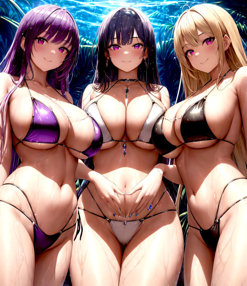 3girls ai_generated bikini black_bikini blonde_hair blush breasts brown_hair female female_only hips huge_breasts light-skinned_female light_skin long_hair looking_at_viewer night original original_character outdoors purple_bikini purple_eyes purple_hair rinomaw slim_waist smile stable_diffusion thick_thighs thighs white_bikini wide_hips