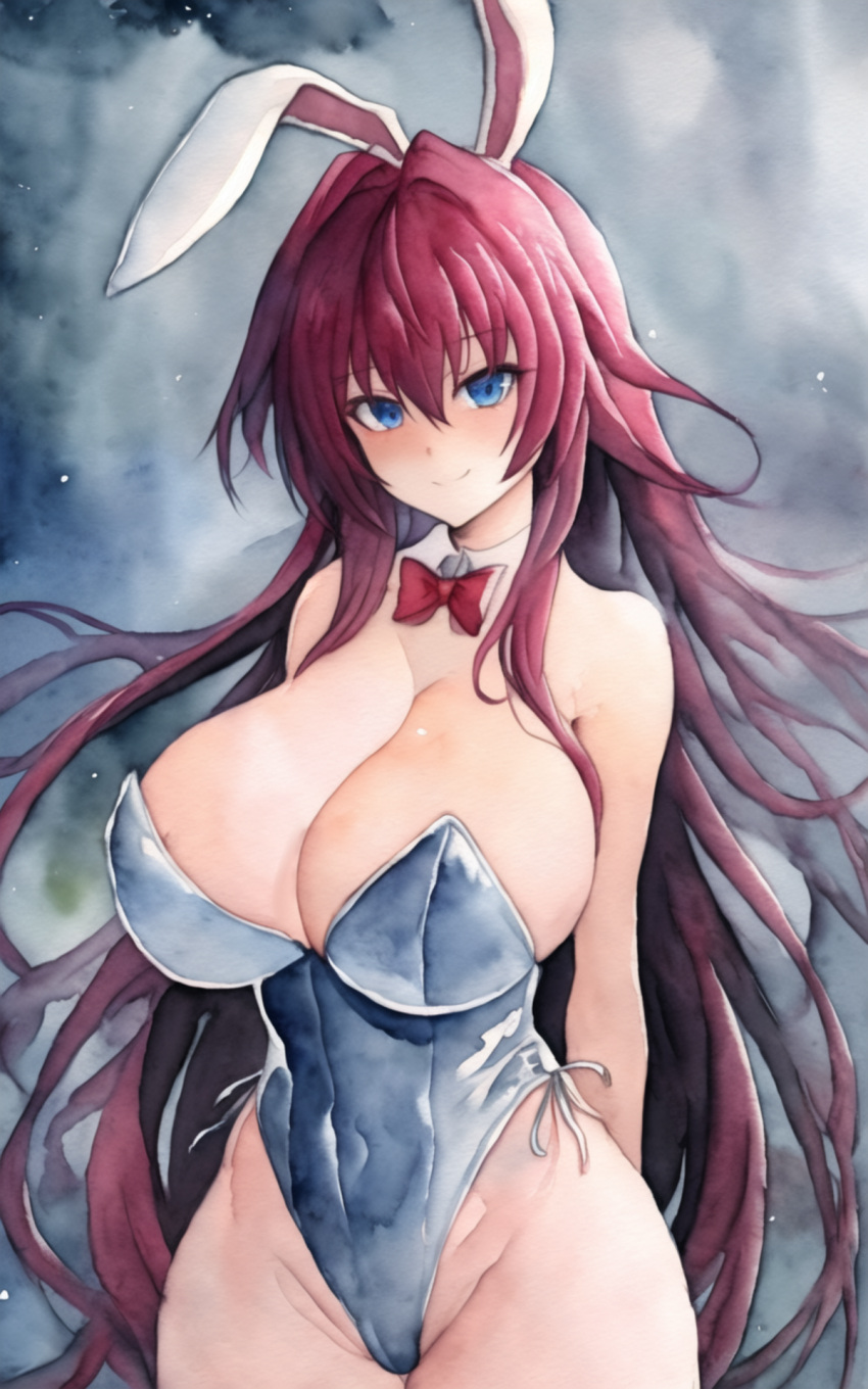 ai_generated blue_eyes breasts bunny_ears bunnysuit cleavage high_school_dxd huge_breasts large_breasts long_hair merukuma playboy_bunny rabbit_ears red_hair rias_gremory smile solo stable_diffusion tagme thick_thighs wide_hips