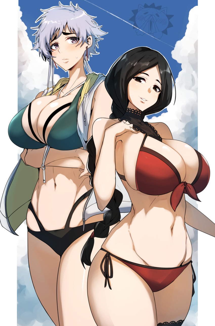 2girls beach bikini black_hair bleach bleach_brave_souls braided_hair breasts fat_breasts female flat_belly gin_moku green_bikini height_difference kotetsu_isane large_breasts light-skinned_female light_skin long_hair navel outdoors red_bikini short_hair slim_waist smile swimsuit teacher_and_student thick_thighs unohana_retsu white_hair wide_hips