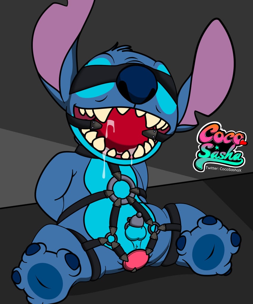 1boy 2023 absurd_res anthro ball_gag balls blindfold blue_fur bondage bondage_gear chastity chastity_cage cocosashax color commission digital_media_(artwork) dildo dildo_harness dildo_in_ass disney drool drooling furry furry_only gagged hands_behind_back hands_tied_behind_back hands_together large_ball_gag leather lilo_and_stitch male male_only malesub orgasm_denial penis sharp_teeth small_penis stitch uncensored