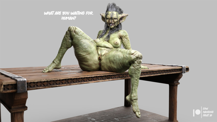 3d 3d_(artwork) black_hair daz3d daz_3d daz_studio dialogue feet goblin goblin_female green_skin hag hybrid lowhangingfruit3d_(artist) mature_female monster old older older_female oszia_(lhf3d) overweight overweight_female pov pov_eye_contact pussy sagging_breasts seenx_(lhf3d) smile smiling table thick_thighs ugly ugly_female witch