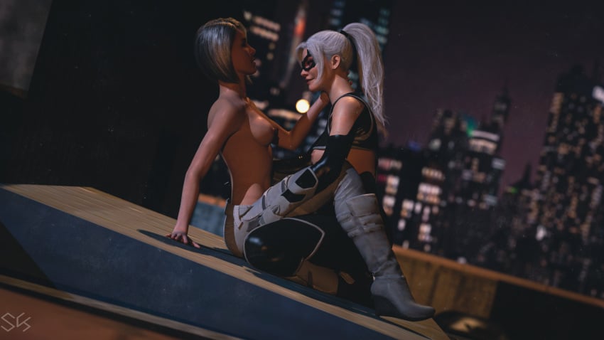 2girls 3d black_cat_(insomniac) black_cat_(marvel) felicia_hardy female female/female female_only implied_fingering insomniac_games marvel marvel_comics roof rooftop rooftop_sex silver_sable silver_sable_(insomniac) sitting skiybur spider-man_(insomniac) spider-man_(ps4) spider-man_(series) topless yuri