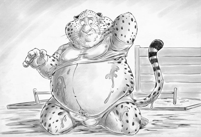 2019 anthro belly benjamin_clawhauser big_belly bite biting_lip bottomwear bulge cheetah clothed clothing detailed_bulge disney felid feline footwear fur furryrevolution genital_outline hand_behind_head kneeling looking_down male male_only mammal mud muddy navel nipples obese obese_anthro obese_male obstacle_course overweight overweight_anthro overweight_male penis_outline raised_clothing raised_shirt raised_tail raised_topwear shirt shoes shorts sitting solo spots spotted_body spotted_fur tail topwear translucent translucent_clothing whiskers wide_eyed zootopia