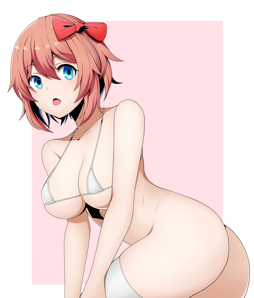 ass blue_eyes bow bra breasts doki_doki_literature_club eremiya eyebrows_visible_through_hair female female_focus female_only hair_between_eyes hairbow just_sayori light-skinned_female looking_at_viewer open_mouth red_bow sayori_(doki_doki_literature_club) short_hair solo solo_female solo_focus strawberry_blonde_hair thighhighs thighs white_and_pink_background white_bra white_thighhighs