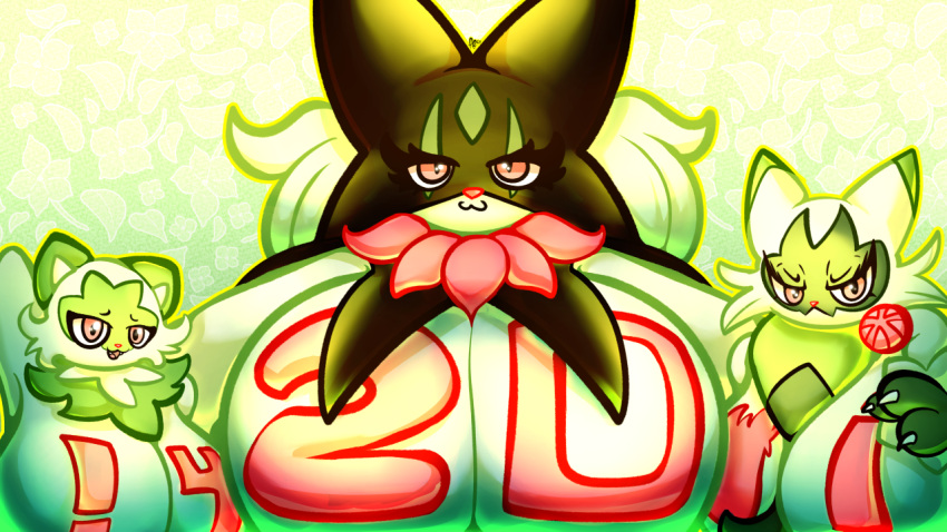 anthro big_breasts breasts cat_ears eyelashes floragato green_fur green_hair green_skin mask masked masked_female meowscarada number numbers pink_eyes pink_nose pokémon_(species) pokemon pokemon_(species) pokemon_sv puffylover69 small_but_hung smug smug_face sprigatito