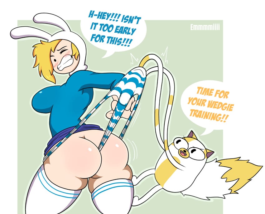 2022 2girls adventure_time ass black_eyes blonde_hair blue_panties blush breasts cake_the_cat emmmmiiii english_text fionna_the_human_girl gritted_teeth hood impossible_clothes large_breasts looking_back one_eye_closed panties panty_pull shimapan short_hair size_difference skindentation skirt skirt_lift standing striped_panties tagme text thick_thighs thighhighs thighs wedgie yuri