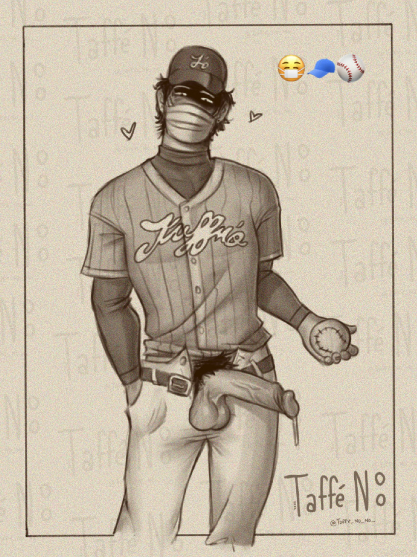 1boy baseball_player baseball_uniform big_cock big_penis boner clothed emoji erect_penis erection hard_on heart huge_cock male male_only masked penis_out precum precum_drip taffno twitter_user_oc veiny_penis