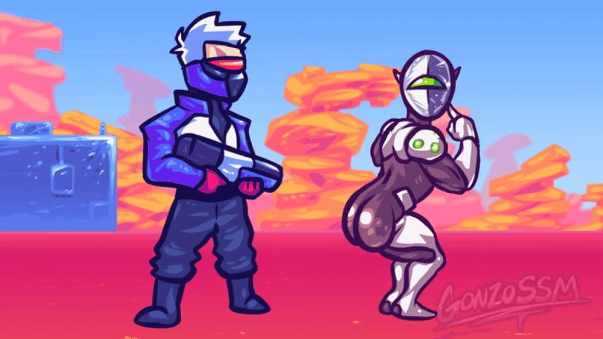 2boys angry armor ass ass_focus ass_up bent_over big_ass big_butt blush bubble_ass bubble_butt butt_focus cybernetics cyborg duo eager funny gay genji gonzossm helmet huge_ass humor legs_up looking_at_another looking_back male/male male_only overwatch soldier_76