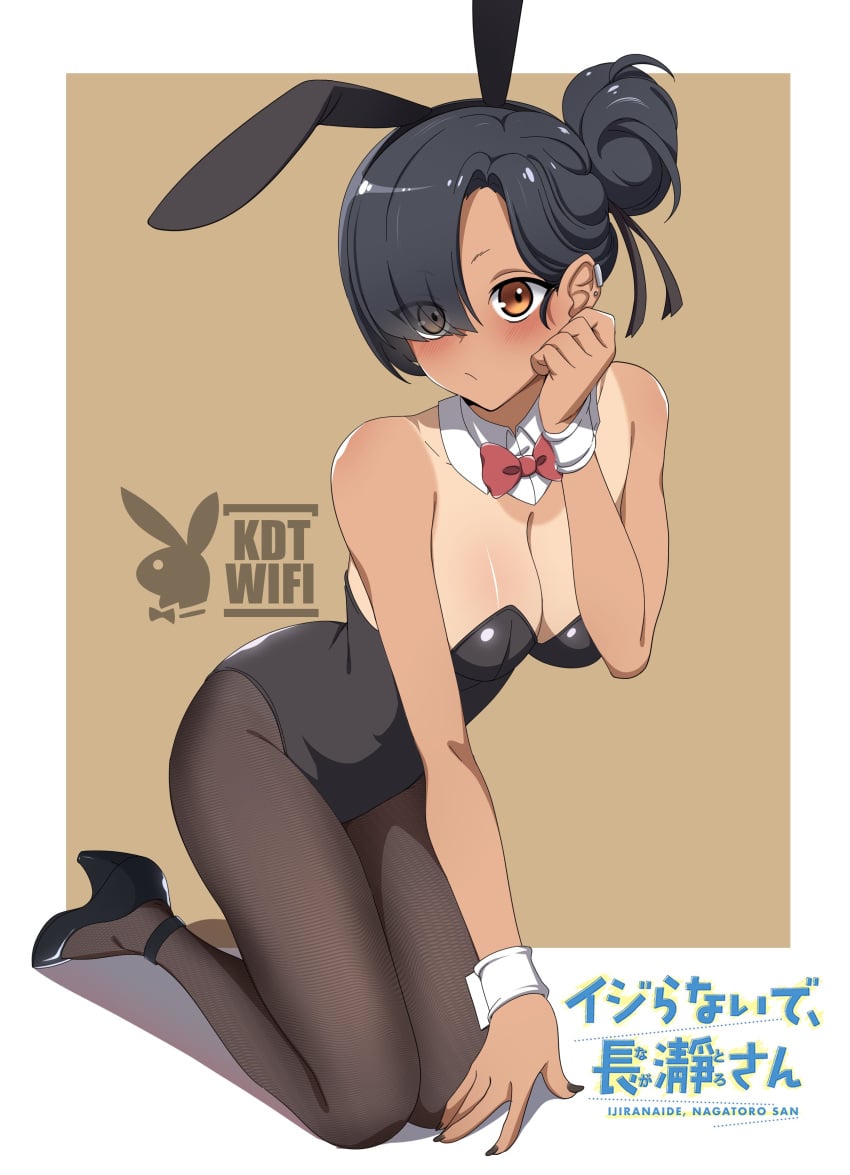 1girls alternate_breast_size black_hair blush breasts brown_eyes bunny_ears bunny_girl bunnysuit curvy female female_focus female_only hair_over_one_eye hayase_nagatoro heels high_heels kdtwifi kneeling looking_at_viewer medium_breasts please_don't_bully_me,_nagatoro solo tan tan-skinned_female tanned_skin tied_hair tights watermark wide_hips