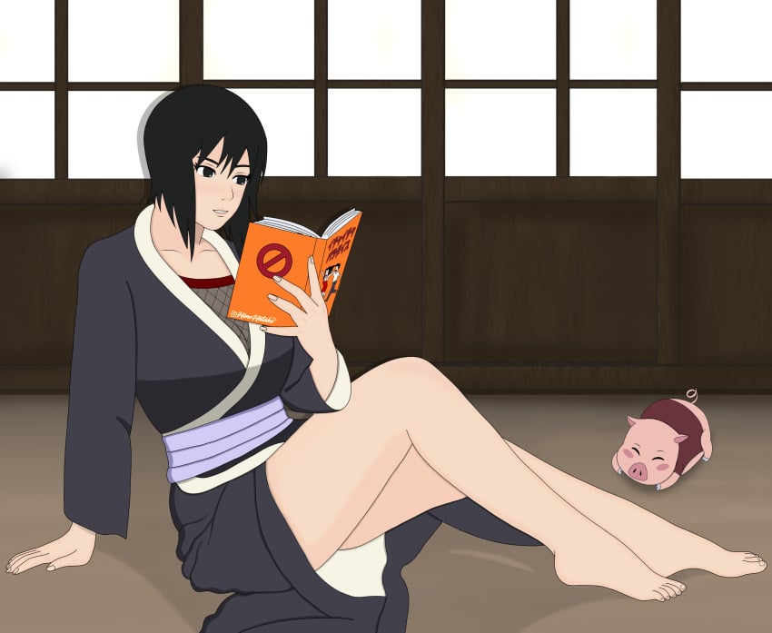 1animal 1girls alternate_breast_size arm_support bare_legs barefoot black_eyes black_hair book breasts cleavage female female_only himehatake kimono long_legs matching_hair/eyes mesh mesh_shirt naruto naruto_(series) naruto_shippuden no_bra reading relaxing shizune shoulder_length_hair sitting solo solo_focus thick_thighs tonton voluptuous