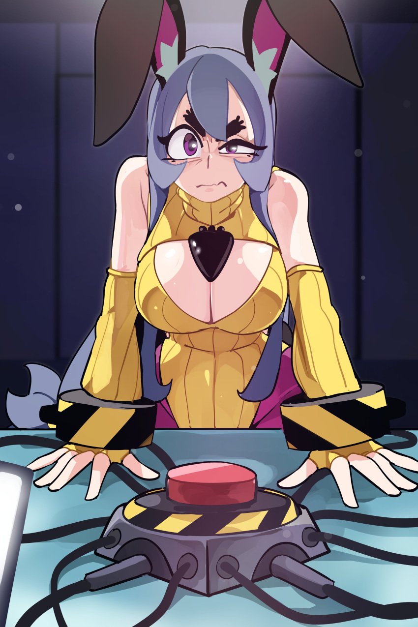 1girls absurd_res angry angry_face armwear big_breasts bongfillstudent bunny_ears bunny_girl bunny_industry_(bongfillstudent) cleavage_cutout female female_only grey_hair inside_job leotard long_hair looking_at_viewer one_eye_half-closed purple_eyes smirk solo tank_bunny_(bongfillstudent) thick_eyebrows wavy_mouth wrist_cuffs